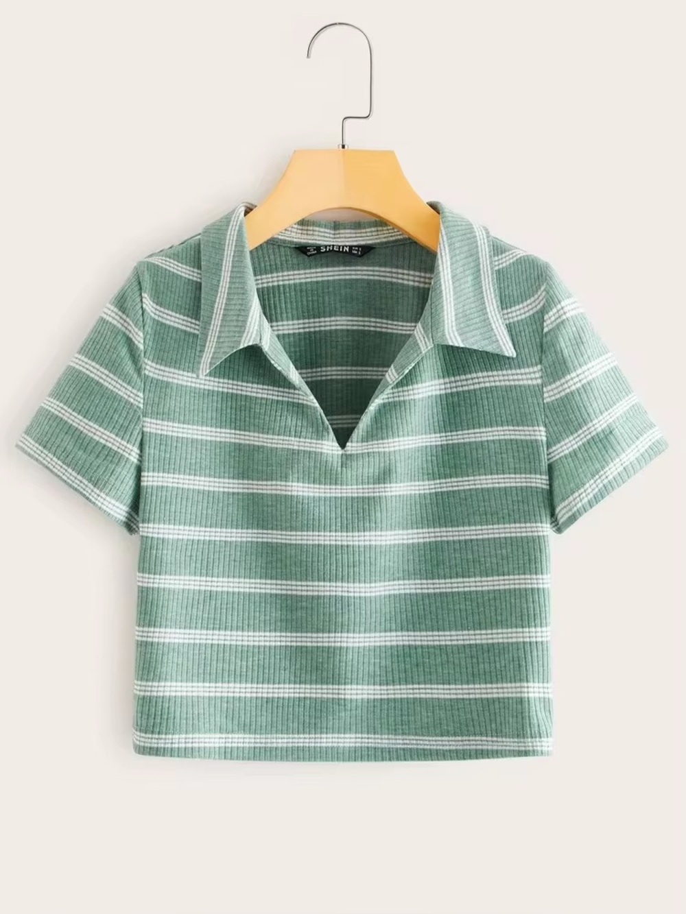 SHEIN Mint Green & White Striped Cropped Polo Tee